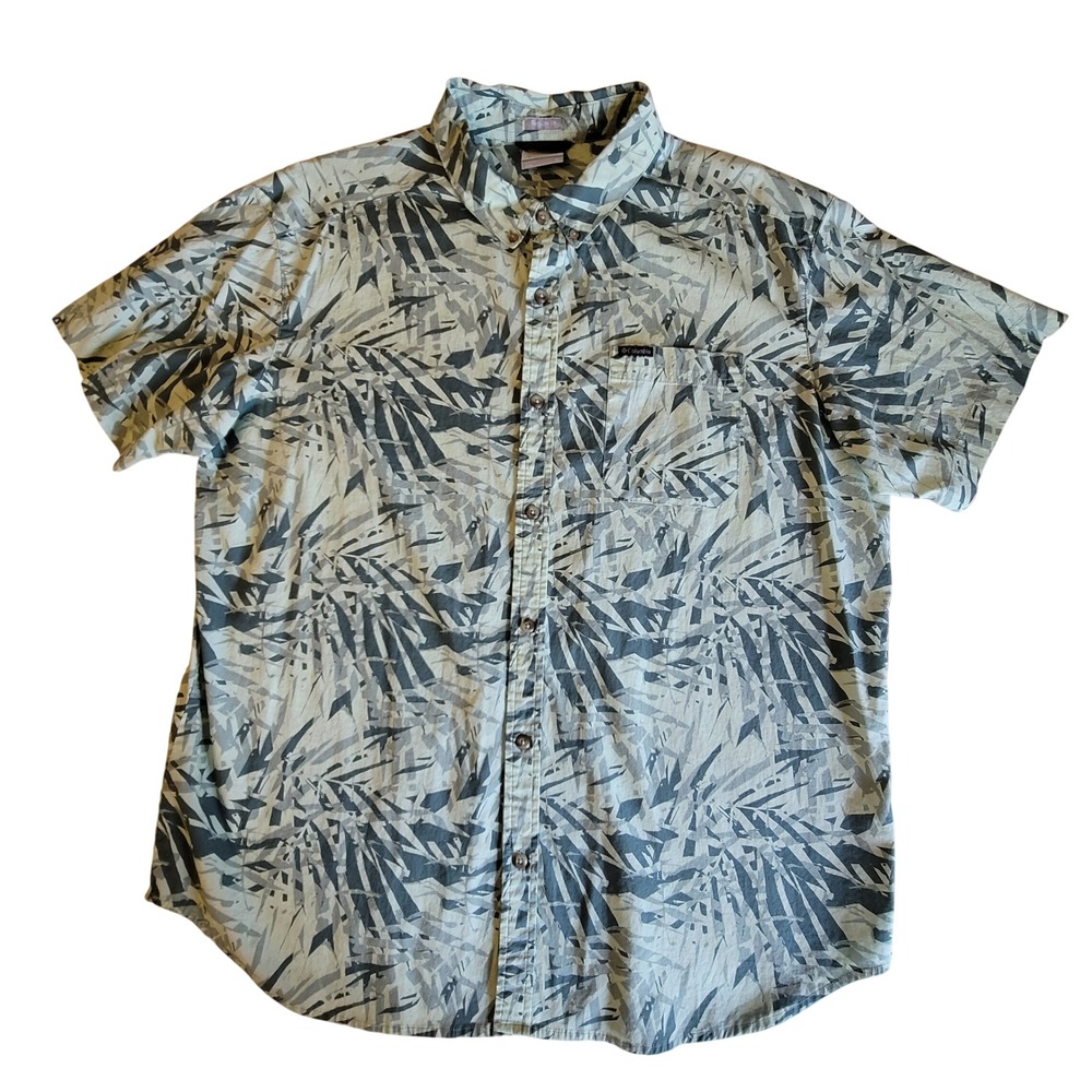 Columbia Button Down Shirt Mens XL Grey Sage Green Geometric Leaf Print Tropical